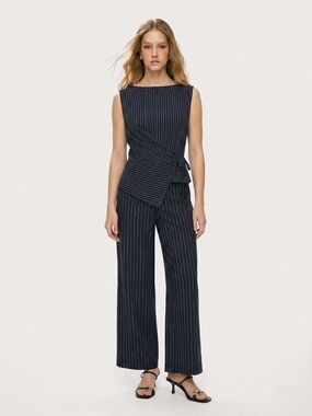 Commense Navy Pinstripe Sleeveless Wrap Top & Wide-Leg Pants